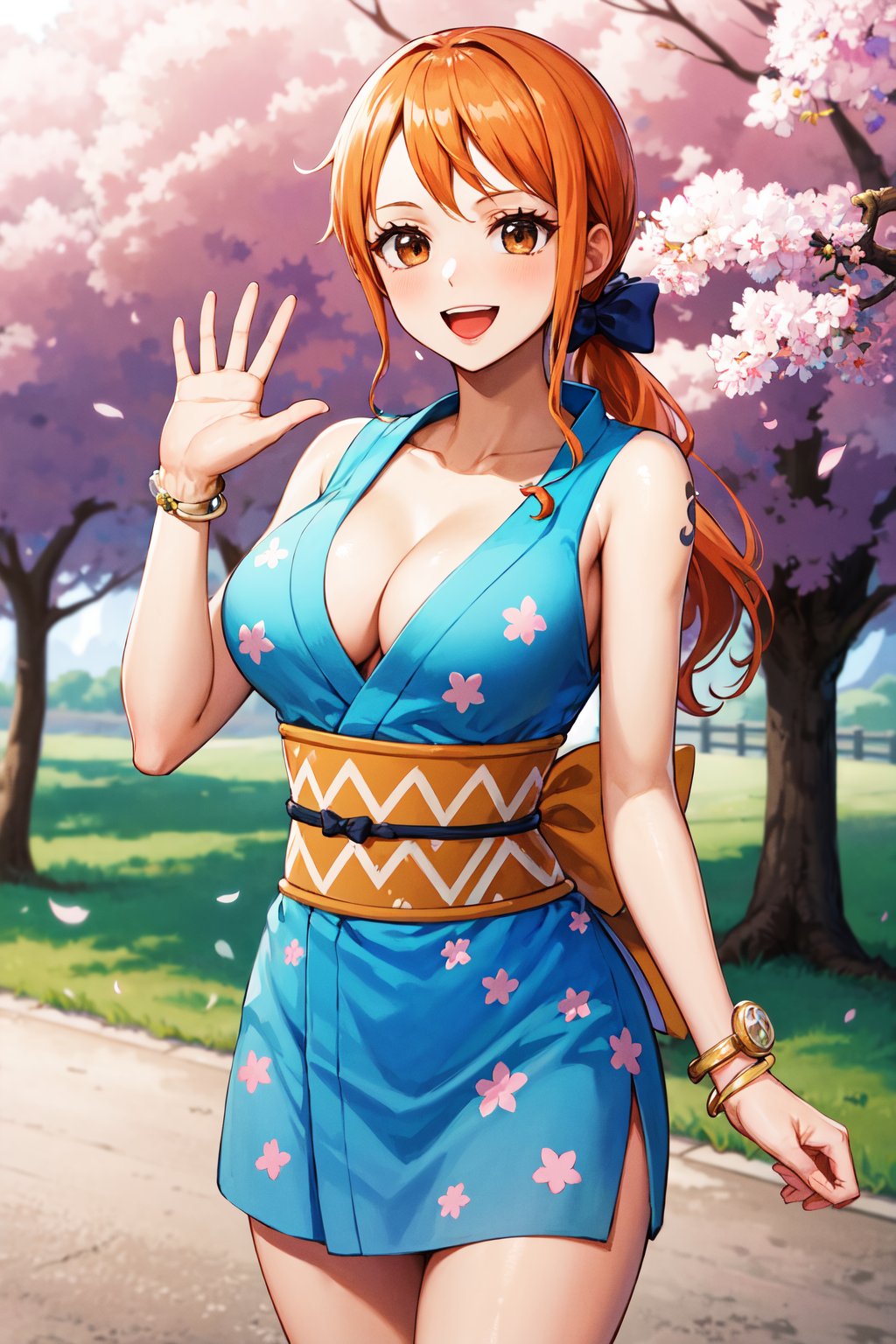 masterpiece, best quality, highres, nami (one piece), long hair, orange hair, low ponytail, hair bow, blue bow, brown eyes, collarbone, cleavage, short kimono, blue kimono, sleeveless, bare arms, bracelet, sash, obi, <lora:nami_(one_piece)_v1:0.8>, standing, cowboy shot, waving, outdoors, cherry blossoms, smile, open mouth, 