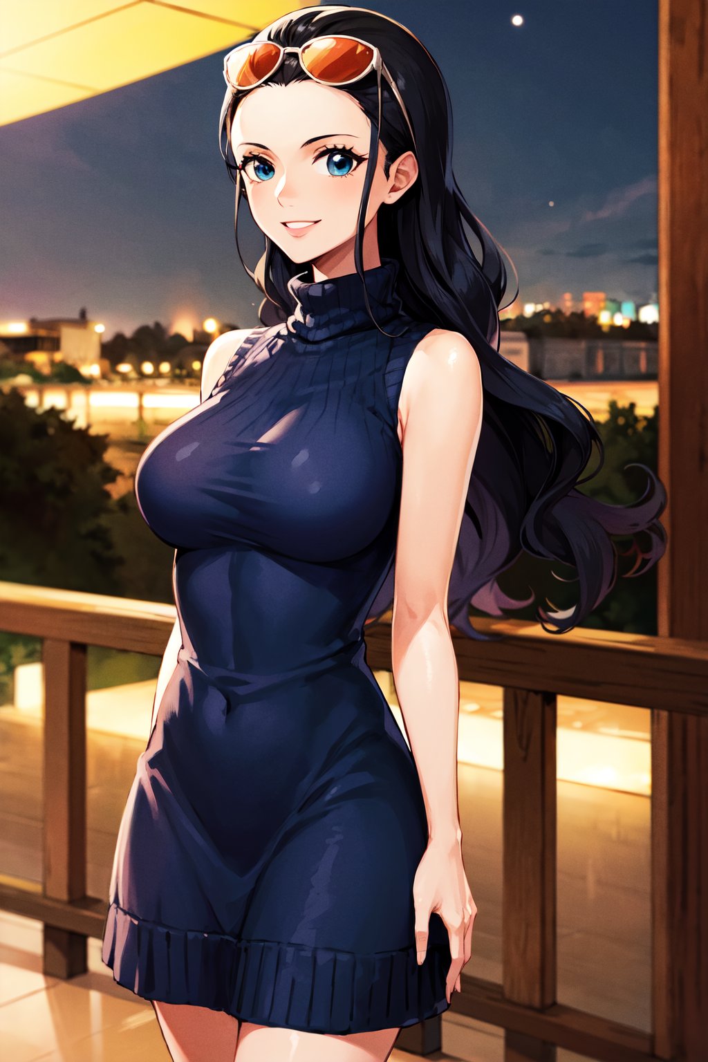 masterpiece, best quality, highres, nico robin, long hair, black hair, hair slicked back, eyewear on head, sunglasses, blue eyes, <lora:nico_robin_v1:0.7>, sweater dress, turtleneck, smile, sleeveless, outdoors, standing, night