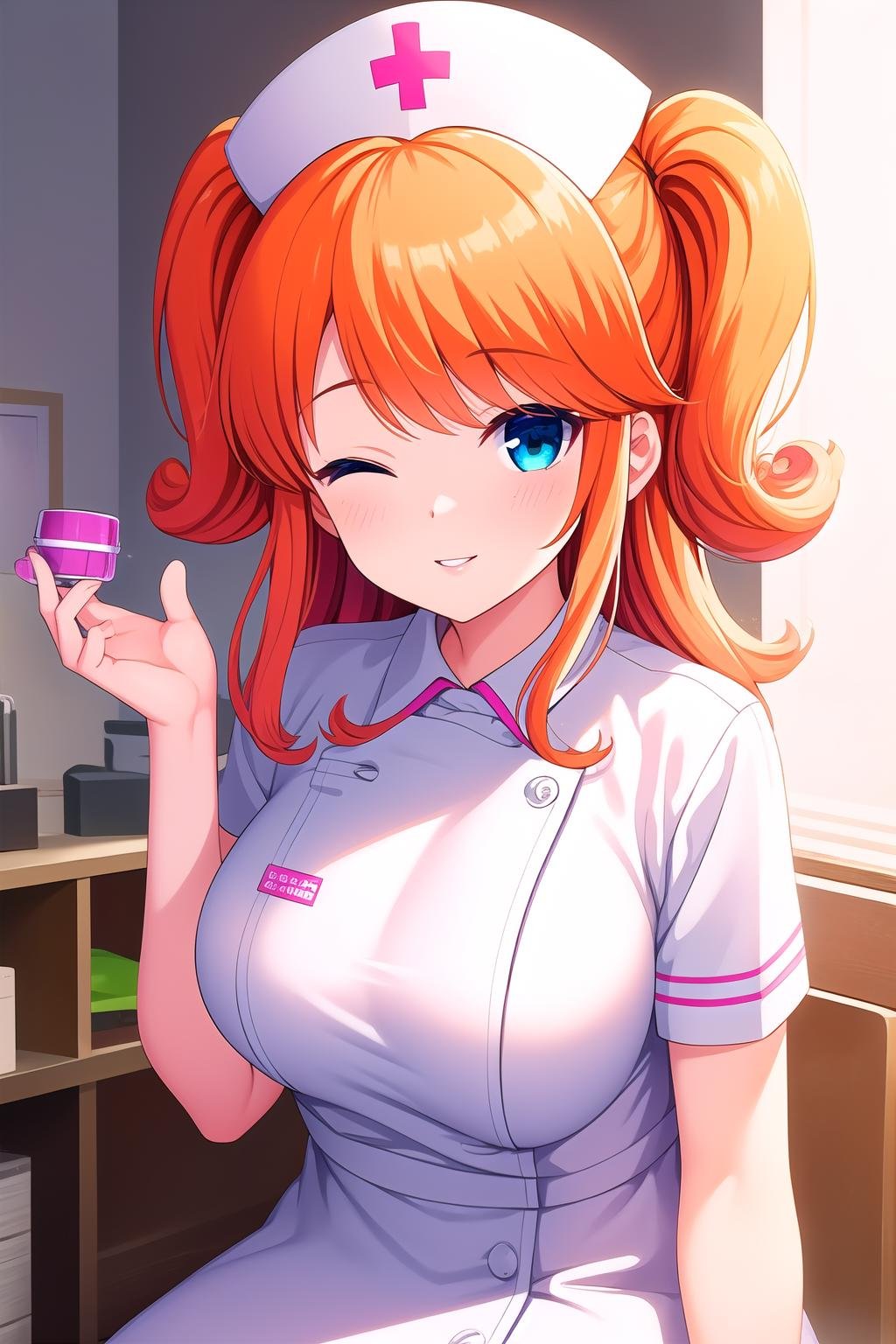 (masterpiece, best quality), highly detailed background, perfect lightingbest quality, sagaraemi, solo, indoors, nurse, nurse cap, orange hair, two side up, long hair, one eye closed, blue eyes, breasts, white dress, smile, closed mouth, parted lips, pink lips, <lora:Sagara-Emi:0.7>