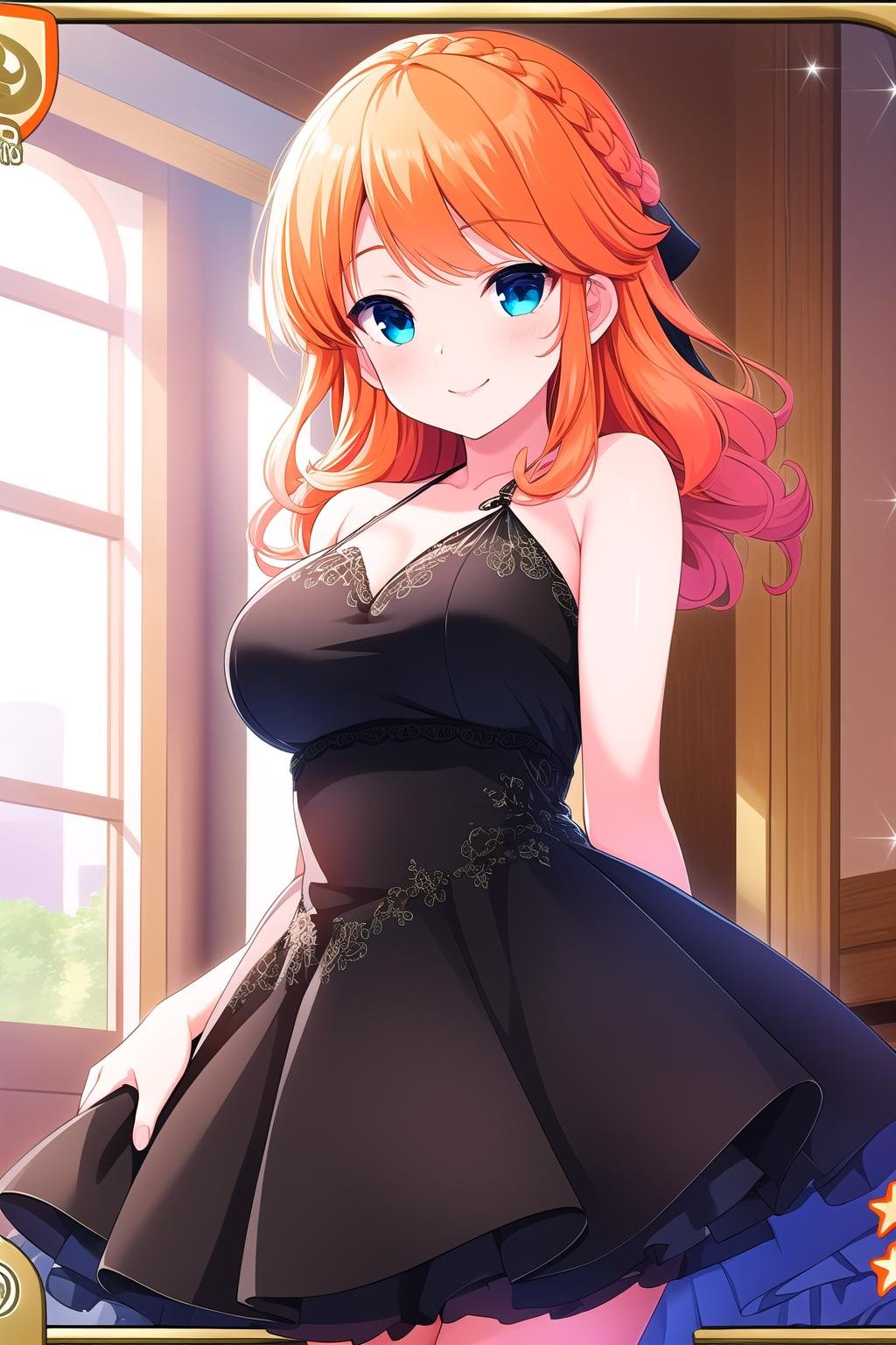 (masterpiece, best quality), highly detailed background, perfect lightingbest quality, sagaraemi, solo, indoors, orange hair, hair ribbon, black ribbon, braid, wavy hair, long hair, blue eyes, collarbone, jewelry, breasts, black dress, sleeveless dress, halter dress, frilled dress, black gloves, smile, closed mouth, pink lips, <lora:Sagara-Emi:0.7>