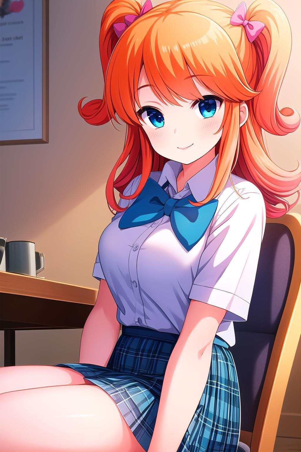 (masterpiece, best quality), highly detailed background, perfect lightingbest quality, sagaraemi, solo, indoors, orange hair, two side up, hair bow, long hair, blue eyes, breasts, white shirt, blue bowtie, blue skirt, plaid skirt, school uniform, smile, closed mouth, pink lips, <lora:Sagara-Emi:0.7>