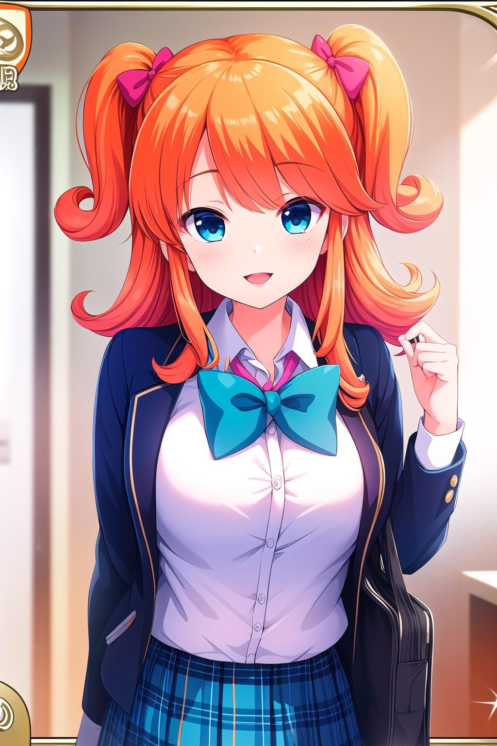 (masterpiece, best quality), highly detailed background, perfect lightingbest quality, sagaraemi, solo, indoors, orange hair, two side up, hair bow, long hair, blue eyes, breasts, blue jacket, blazer, white shirt, blue bowtie, blue skirt, plaid skirt, school uniform, smile, open mouth, pink lips, <lora:Sagara-Emi:0.7>