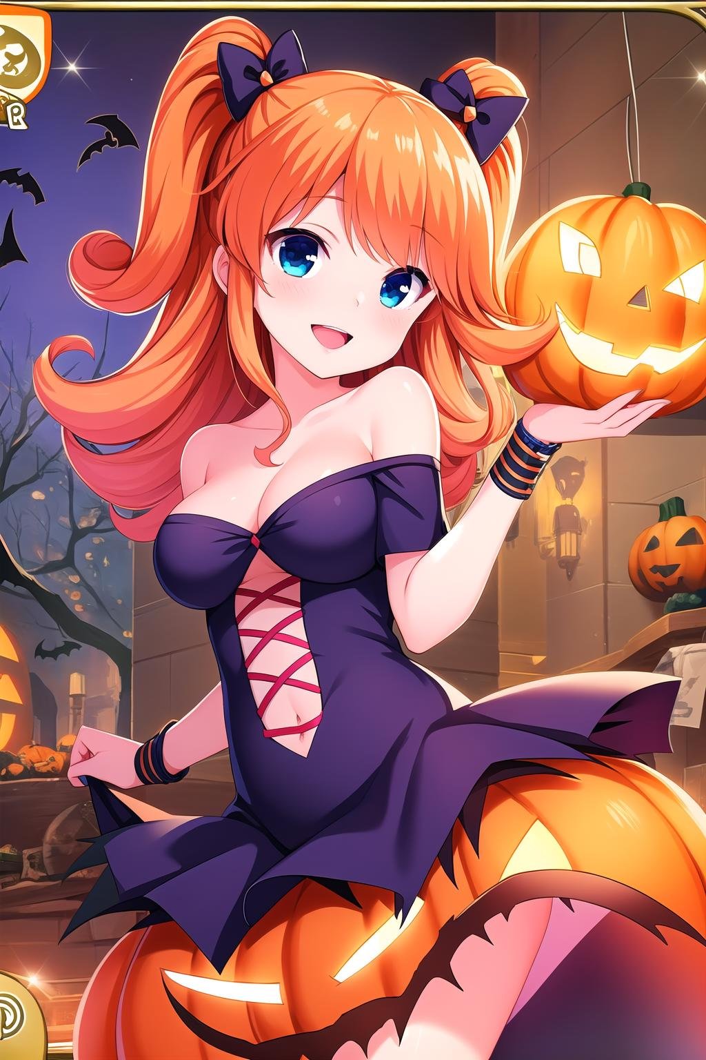 (masterpiece, best quality), highly detailed background, perfect lightingbest quality, sagaraemi, solo, indoors, halloween, orange hair, two side up, long hair, blue eyes, breasts, bare shoulders, dress, wristband, halloween costume, smile, open mouth, pink lips, <lora:Sagara-Emi:0.7>