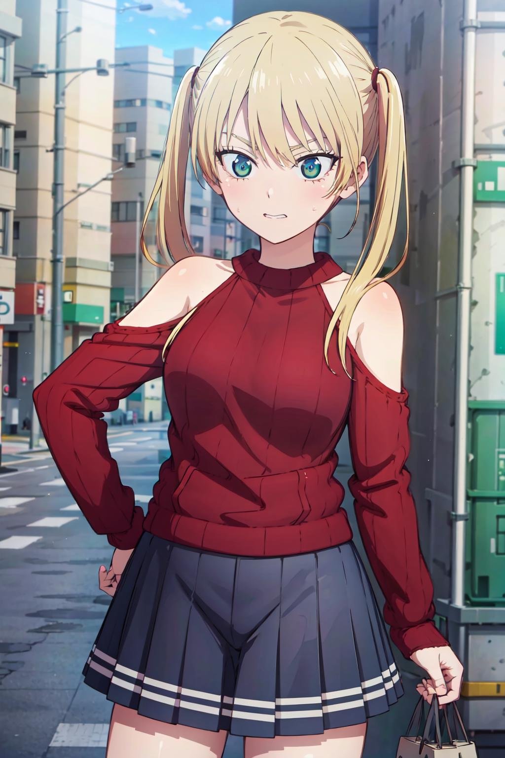 ((best quality, high quality, highres)), rika hoshizaki, red sweater, street, tokyo, solo, 1girl, cowboy shot, <lora:rika_hoshizaki:0.8>