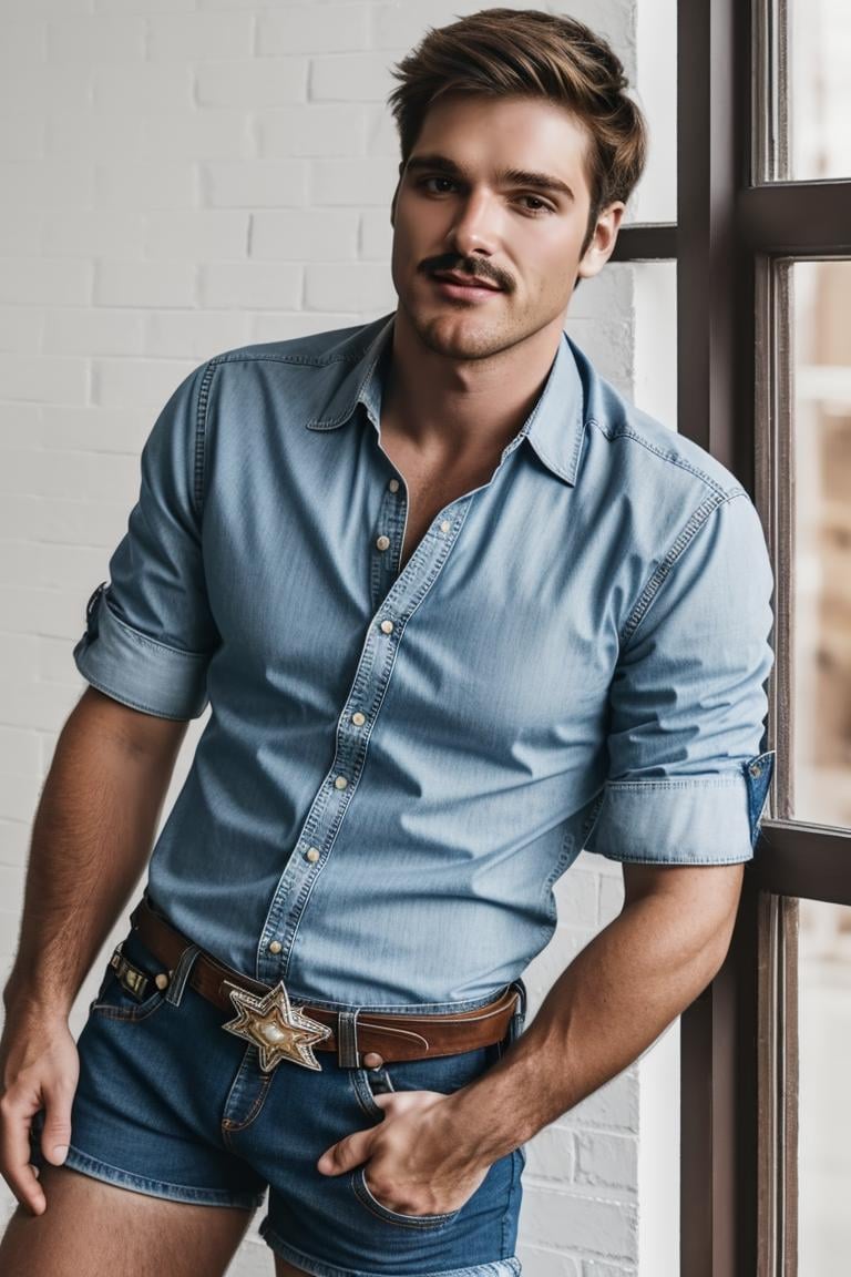 photo of person,  man,  serious, ((dress shirt)),  denim shorts,  looking to viewer,  ((muscular:1)), hairy legs,  smirk, ,  cinematic lighting,  detailed face,  detailed eyes,  masterpiece,  high_res,  ((cowboy shot )),  perfect face, <lora:EMS-80009-EMS:1.000000>