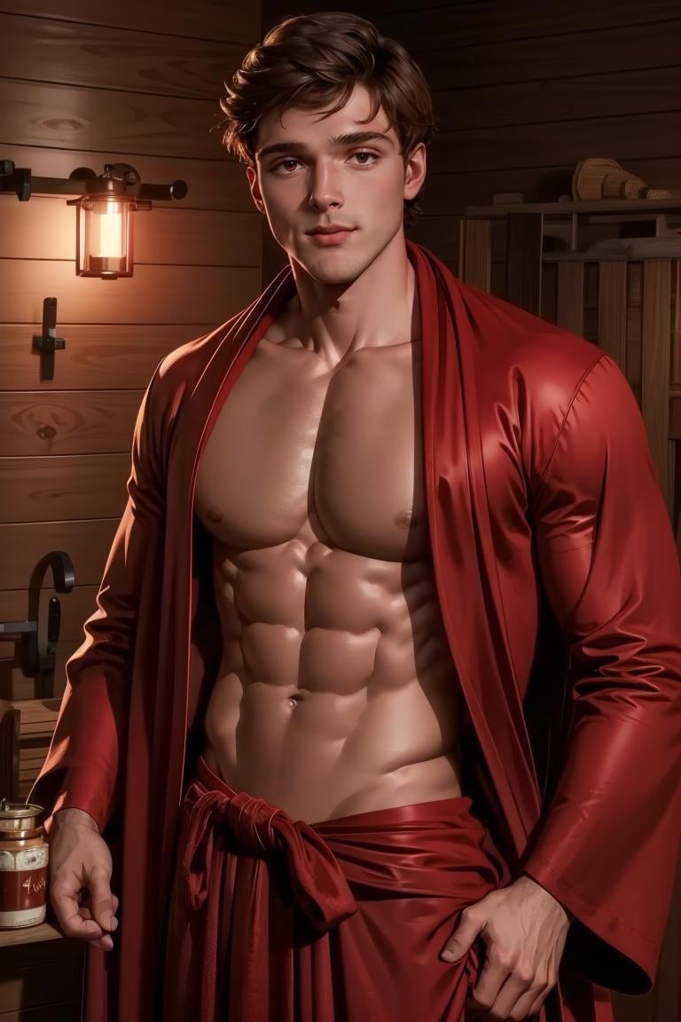 photo of person,  ((((1guy,  solo)))),  man, ,  smirk,  muscular,  male,  sauna,  (red robe),  ,  looking to viewer,  full body,  cinematic lighting,  detailed face,  detailed eyes,  masterpiece,  high_res,  perfect face,  ,  High detailed,  ,  mattrh, <lora:EMS-80009-EMS:0.940000>