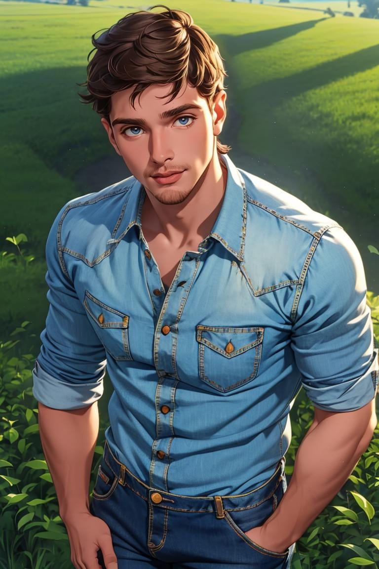 (masterpiece,  best quality:1.2),  stubble,  smirk,  parted lips, seducing,  (depth of field:1.1), muscular:1.3,  plaid shirt,  denim pants,  cowboy shot,  farm,  1boy,  view from above,  masterpiece,  highness,  perfect face,  perfect picture,  detailed eyes,  sharp focus,   ,  mattrh, <lora:EMS-80009-EMS:1.000000>