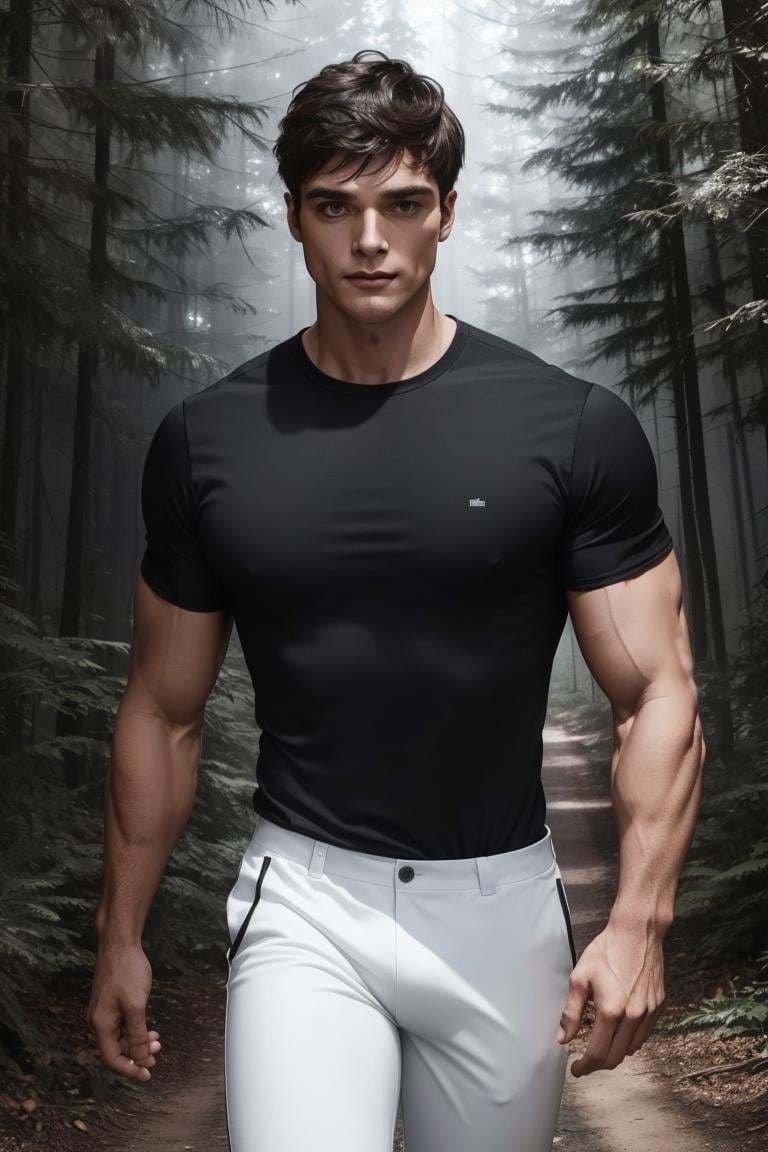 photo of person,  man,  serious,  black t-shirt,  white pants,  medium shot,  walking,  forest,  looking to viewer,  ((muscular:1.3)),  ,  smirk, ,  cinematic lighting,  detailed face,  detailed eyes,  masterpiece,  high_res, ,  perfect face,  mattrh, <lora:EMS-80009-EMS:1.000000>