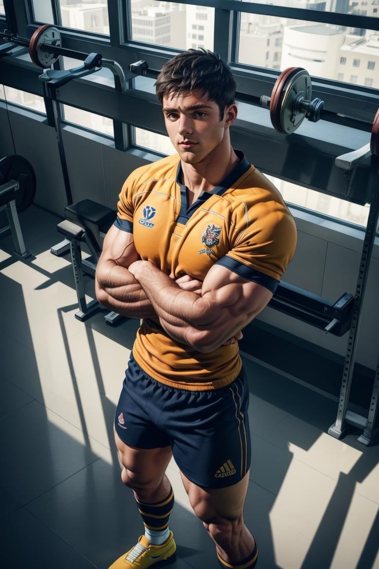 (masterpiece,  best quality:1.2),   ,  serious,  (depth of field:1.1),  muscular slim,  crossed arms,  photo of person,  man,  ((rugby jersey,  rugby shorts)),  flexing,  solo,  1boy,  view from above,  masterpiece,  highness,  perfect face,  perfect picture,  detailed eyes,  sharp focus,  arena,  gym,  mattrh, <lora:EMS-80009-EMS:1.000000>
