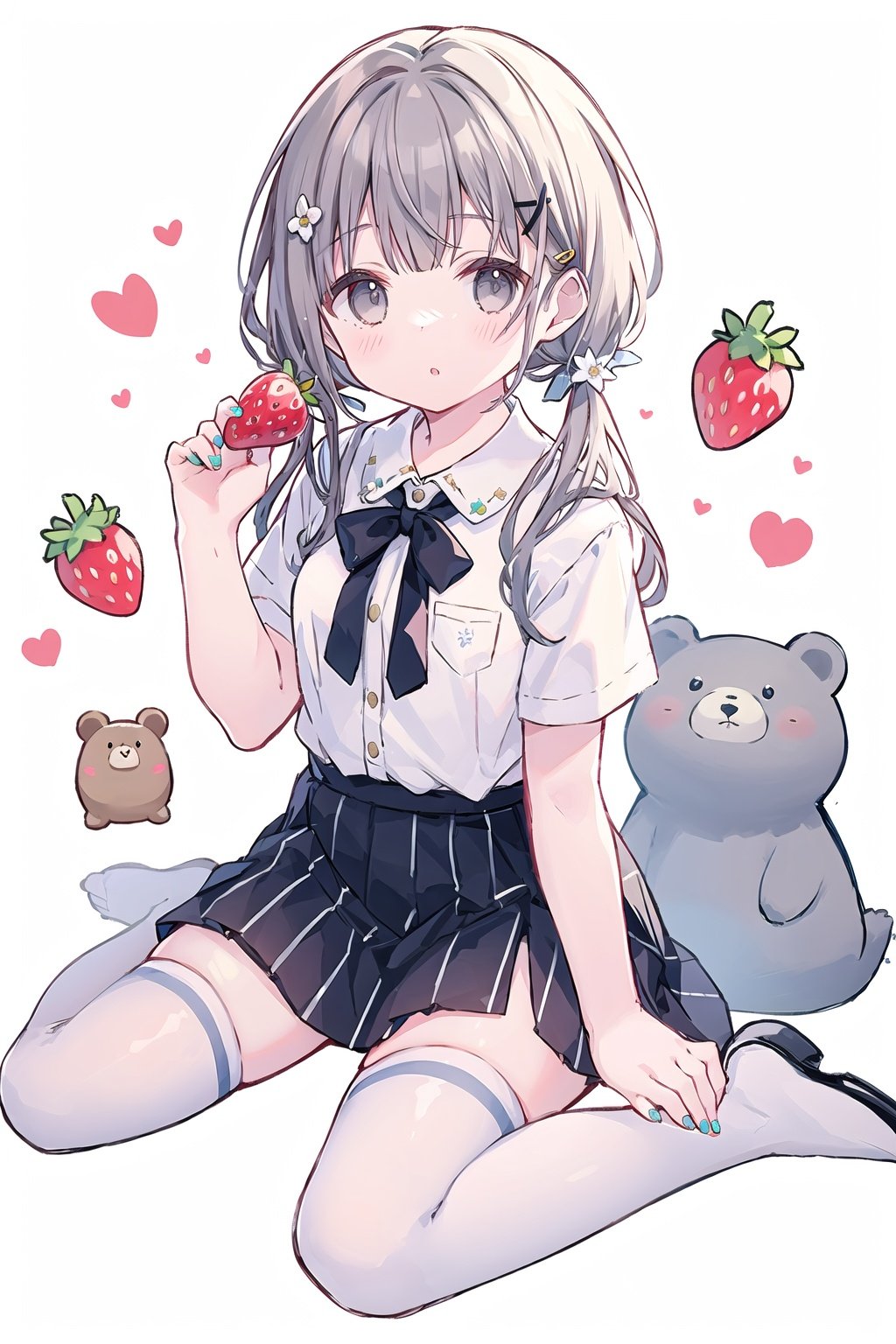 1girl, solo, long_hair, looking_at_viewer, blush, bangs, skirt, brown_hair, shirt, hair_ornament, thighhighs, white_background, holding, twintails, sitting, closed_mouth, white_shirt, flower, short_sleeves, grey_hair, pleated_skirt, parted_lips, food, hairclip, striped, collared_shirt, hand_up, black_skirt, nail_polish, white_thighhighs, grey_eyes, dress_shirt, fruit, low_twintails, animal, wariza, no_shoes, holding_food, x_hair_ornament, white_flower, vertical_stripes, strawberry, holding_fruit, striped_skirt, bear, vertical-striped_skirt, polar_bear