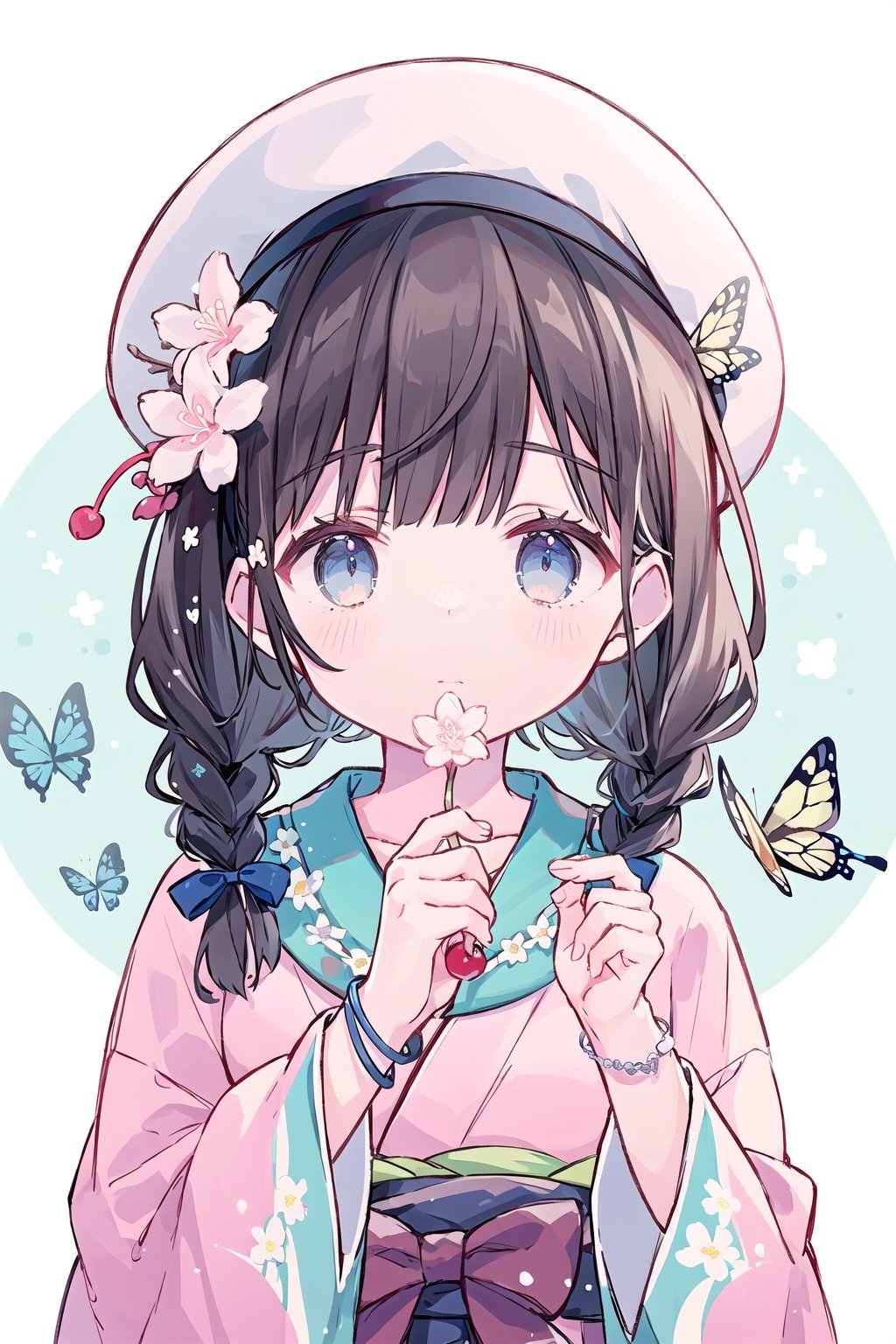  1girl, solo, looking_at_viewer, blush, bangs, blue_eyes, brown_hair, shirt, hair_ornament, long_sleeves, hat, white_background, ribbon, holding, twintails, closed_mouth, white_shirt, upper_body, braid, flower, food, japanese_clothes, hair_flower, wide_sleeves, sailor_collar, kimono, mole, arm_up, twin_braids, bracelet, petals, bird, low_twintails, animal, beret, white_headwear, bug, holding_food, white_flower, blue_ribbon, cherry_blossoms, butterfly, pom_pom_\(clothes\), pink_flower, blue_flower, cropped_torso, branch, holding_flower, pink_jacket, pink_kimono, wagashi, dango, animal_on_shoulder, sanshoku_dango