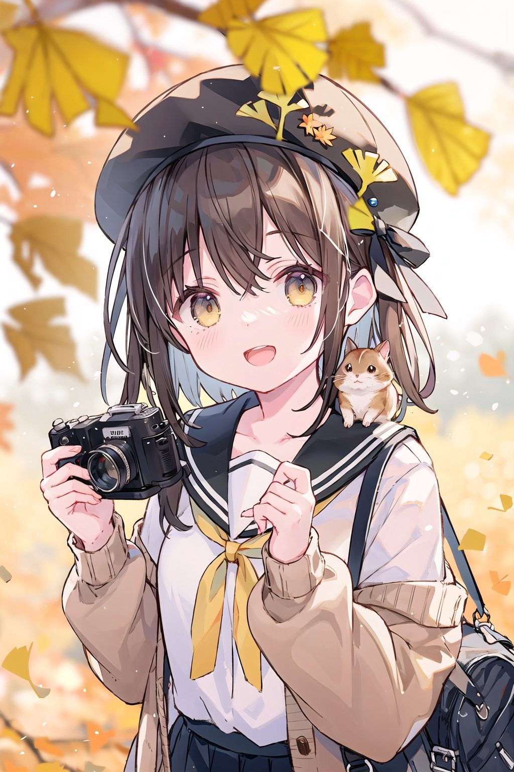 1girl, skirt, sailor collar, holding, smile, pleated skirt, hat, school uniform, solo, camera, long hair, off shoulder, shirt, bag, brown eyes, blurry, :d, bangs, serafuku, black sailor collar, holding camera, black skirt, autumn leaves, white headwear, white shirt, leaf, long sleeves, open clothes, open mouth, puffy long sleeves, blush, looking at viewer, ginkgo leaf, animal, blurry foreground, depth of field, cardigan, animal on shoulder, squirrel, blurry background, bow, beret, brown hair, black bow, puffy sleeves, open cardigan, hair between eyes, autumn, shoulder bag, hair ribbon, ribbon, white cardigan, maple leaf, outdoors, collarbone, falling leaves