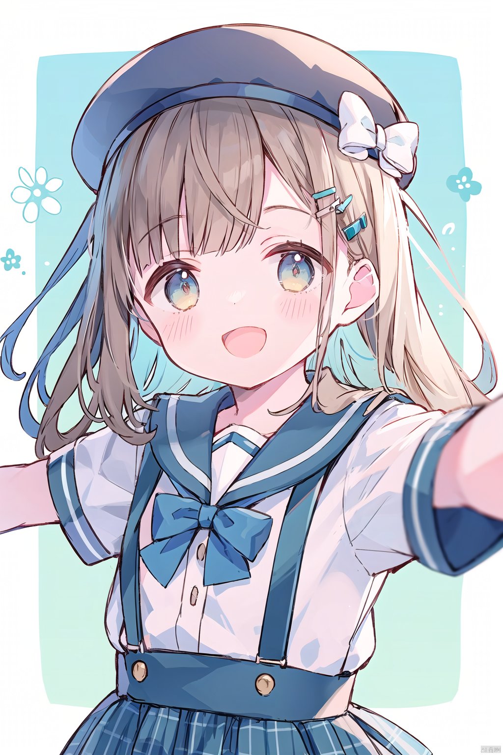 1girl, solo, long_hair, looking_at_viewer, blush, smile, open_mouth, bangs, skirt, brown_hair, shirt, hair_ornament, hat, bow, brown_eyes, white_shirt, upper_body, short_sleeves, :d, frills, hairclip, blunt_bangs, sailor_collar, blue_skirt, beret, blue_bow, blush_stickers, stuffed_toy, suspenders, stuffed_animal, outstretched_arms, blue_sailor_collar, blue_headwear, suspender_skirt, plaid_headwear, frilled_sailor_collar, ichihara_nina