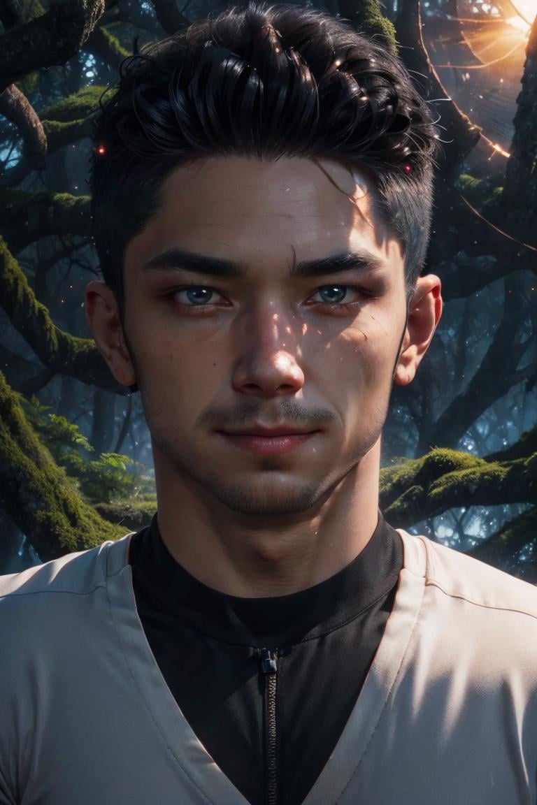 photo of person,  man,  muscular,  male,  ,  black shirt, looking to viewer,  white pants,  smirk,  on the forest,  sunset,  cinematic lighting,  detailed face,  detailed eyes,  masterpiece,  high_res,  perfect face,  , High detailed , nijistyle, 3DMM, Color magic, csr style, <lora:EMS-34736-EMS:0.400000>, , <lora:EMS-59702-EMS:0.930000>