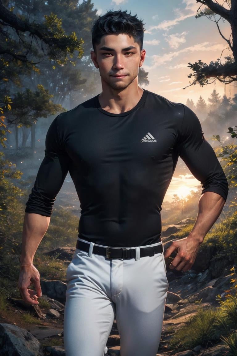 photo of person,  man,  muscular,  male,  ,  black shirt, looking to viewer,  full body,  white pants,  smirk,  on the forest,  sunset,  cinematic lighting,  detailed face,  detailed eyes,  masterpiece,  high_res,  perfect face,  , High detailed , nijistyle, 3DMM, Color magic, csr style, <lora:EMS-34736-EMS:0.400000>, , <lora:EMS-59702-EMS:0.900000>