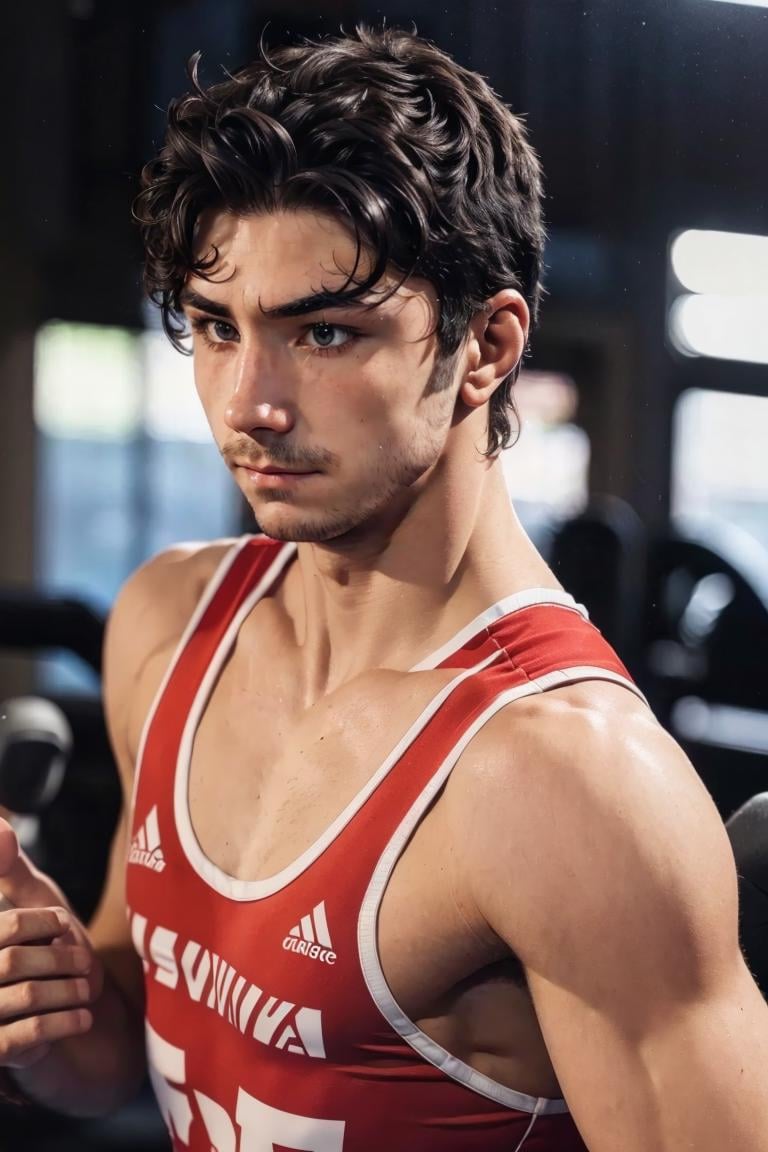 photo of person,  man,  smirk,  gym clothes,  tanktop,  short,  ,  the gym,  masterpiece,  highres, muscular:1.4,  hairy chest, ,  sharp focus, stubble,  cinematic lighting,  detailed face,  detailed eye, cowboy shot, <lora:EMS-59702-EMS:0.880000>