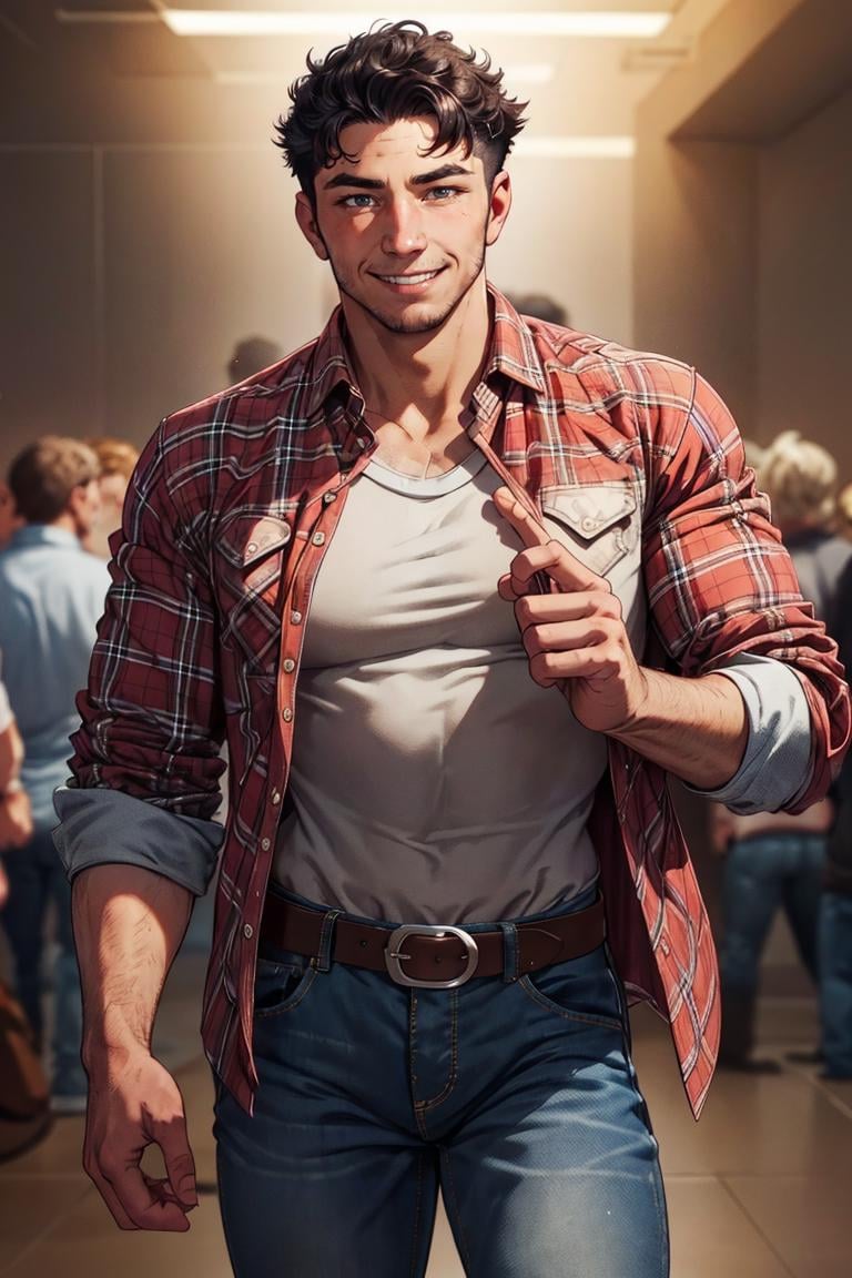 photo of person,  man,  smiling,  plaid shirt,  denim pants,  looking to viewer,  muscular:1.3,  cinematic lighting,  detailed face,  detailed eyes,  masterpiece,  high_res,  ((cowboy shot )),  perfect face, <lora:EMS-59702-EMS:0.900000>