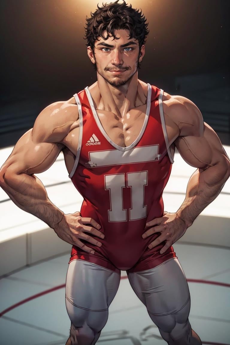 photo of person,  man,  smirk,  stubble,  wrestler singlet,  Hands on hips,  view from above,  looking to viewer,  cinematic lighting,  detailed face,  detailed eyes,  masterpiece,  high_res,  perfect face, <lora:EMS-59702-EMS:0.930000>