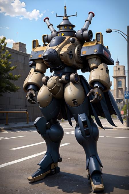 1kaijin, (full_body:1.2), solo, outdoors, street, city, cars, people, dynamic posecastle, cannon, turret, yellow eyes, block, wall, military, mecha, (masterpiece,  best_quality:1.3), (realistic:1.3), photorealistic,<lora:kaijin_v5-000018:0.8><lora:stylized_3dcg_v4-epoch-000012:0.4> ,