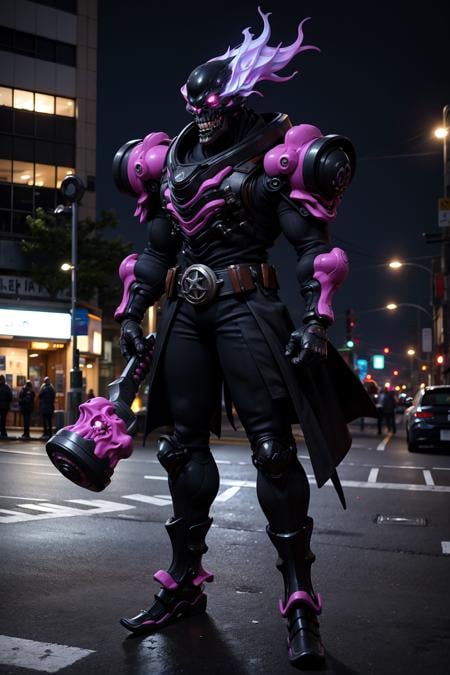 1kaijin, full_body, solo, outdoors, street, city, cars, people, Acree Alien, solo, hammer, holding, monochrome, skull, male focus, gloves, weapon, mask, looking at viewer, standing, holding hammer, armor, long sleeve, glowing, holding weapon, purple eyes(masterpiece,  best_quality:1.3), (realistic:1.3), photorealistic,<lora:kaijin_v5-000018:0.8><lora:stylized_3dcg_v4-epoch-000012:0.4> ,