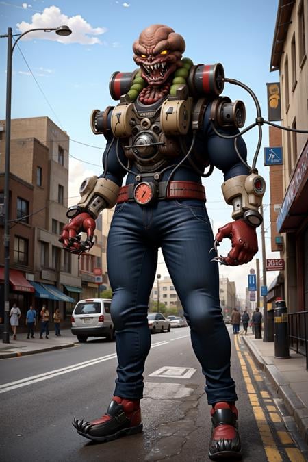 1kaijin, (full_body:1.2), solo, outdoors, street, city, cars, people,time bomb head, teeth, claws,  cable,  explosive, tube,  (masterpiece,  best_quality:1.3), (realistic:1.3), photorealistic,<lora:kaijin_v5-000018:0.8><lora:stylized_3dcg_v4-epoch-000012:0.4> ,