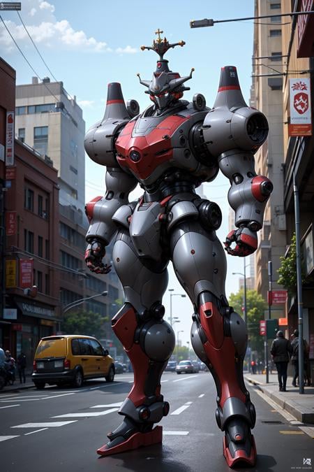 (1kaijin:1.2),  outdoors, street, people, city,  iron, grey  submarine, robot, mecha, crown, science fiction, standing(masterpiece,  best_quality:1.2), realistic, photorealistic, full body, solo, <lora:kaijin_v5-000018:0.8>