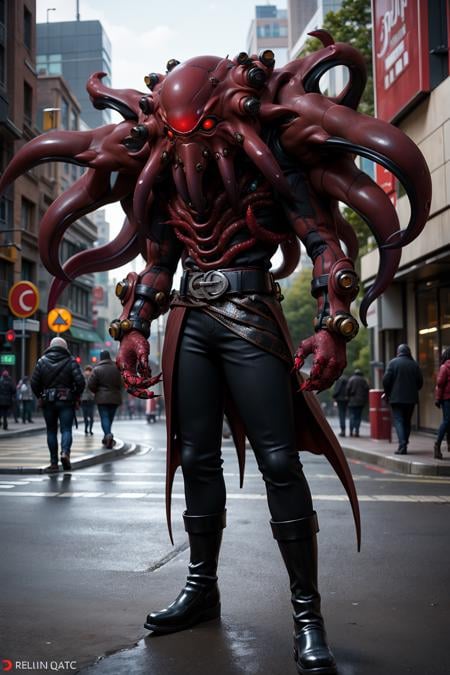 1kaijin, full_body, solo, outdoors, street, city, cars, people,iron octopus mask, belt, extra eyes, boots, tentacles, standing, black footwear, eldritch abomination, male focus, red eyes, claws, one-eyed(masterpiece,  best_quality:1.3), (realistic:1.3), photorealistic,<lora:kaijin_v5-000018:0.8><lora:stylized_3dcg_v4-epoch-000012:0.4> ,