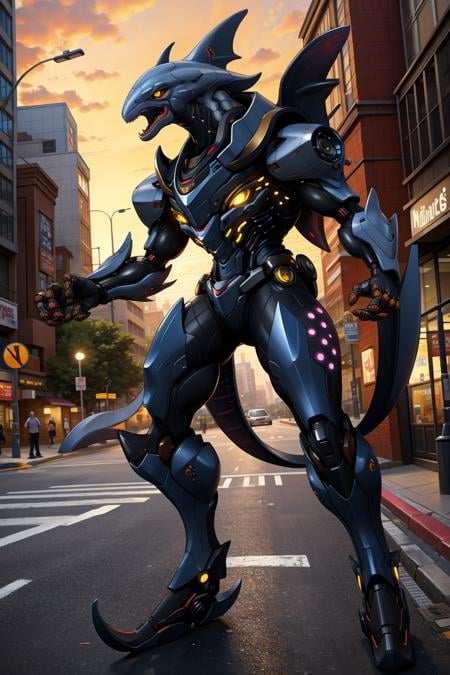 1kaijin, (full_body:1.2), solo, outdoors, street, city, cars, people, dynamic posehammerhead_shark, yellow eyes, extra eyes, teeth, tentacles, red eyes, alien, sharp teeth, looking at viewer, claws, glowing, tail, science fiction, clenched hand, clenched hands, robot,(masterpiece,  best_quality:1.3), (realistic:1.3), photorealistic,<lora:kaijin_v5-000018:0.8><lora:stylized_3dcg_v4-epoch-000012:0.4> ,