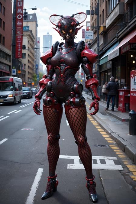 1kaijin, full_body, solo, outdoors, street, city, cars, people,1girl, fishnets, robot(masterpiece,  best_quality:1.3), (realistic:1.3), photorealistic,<lora:kaijin_v5-000018:0.8><lora:stylized_3dcg_v4-epoch-000012:0.4> ,