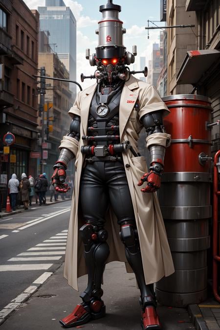 (1kaijin:1.2),  outdoors, street, people, city,  labcoat, male focus, syringe, helmet, doctor, science fiction, blood, stethoscope, robot, tube, (masterpiece,  best_quality:1.2), realistic, photorealistic, full body, solo, <lora:kaijin_v5-000018:0.8>