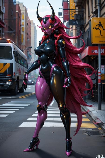 (1kaijin:1.2), (full_body:1.2), solo, (no_humans:1.2), outdoors, street, city, cars, people,latex_bodysuit, evil, horns, very_long_hair, colored_skin, medium_breasts, high_heels, (robot_joints:1.2), (pantyhose:1.2),  colorful, (masterpiece,  best_quality:1.3), (realistic:1.3), photorealistic,<lora:kaijin_v5-000018:0.9>