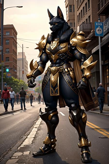 1kaijin, (full_body:1.2), solo, outdoors, street, city, cars, people, dynamic poseegyptian, anubis, armor, male focus, clenched hands, animal ears, robot, standing(masterpiece,  best_quality:1.3), (realistic:1.3), photorealistic,<lora:kaijin_v5-000018:0.8><lora:stylized_3dcg_v4-epoch-000012:0.4> ,