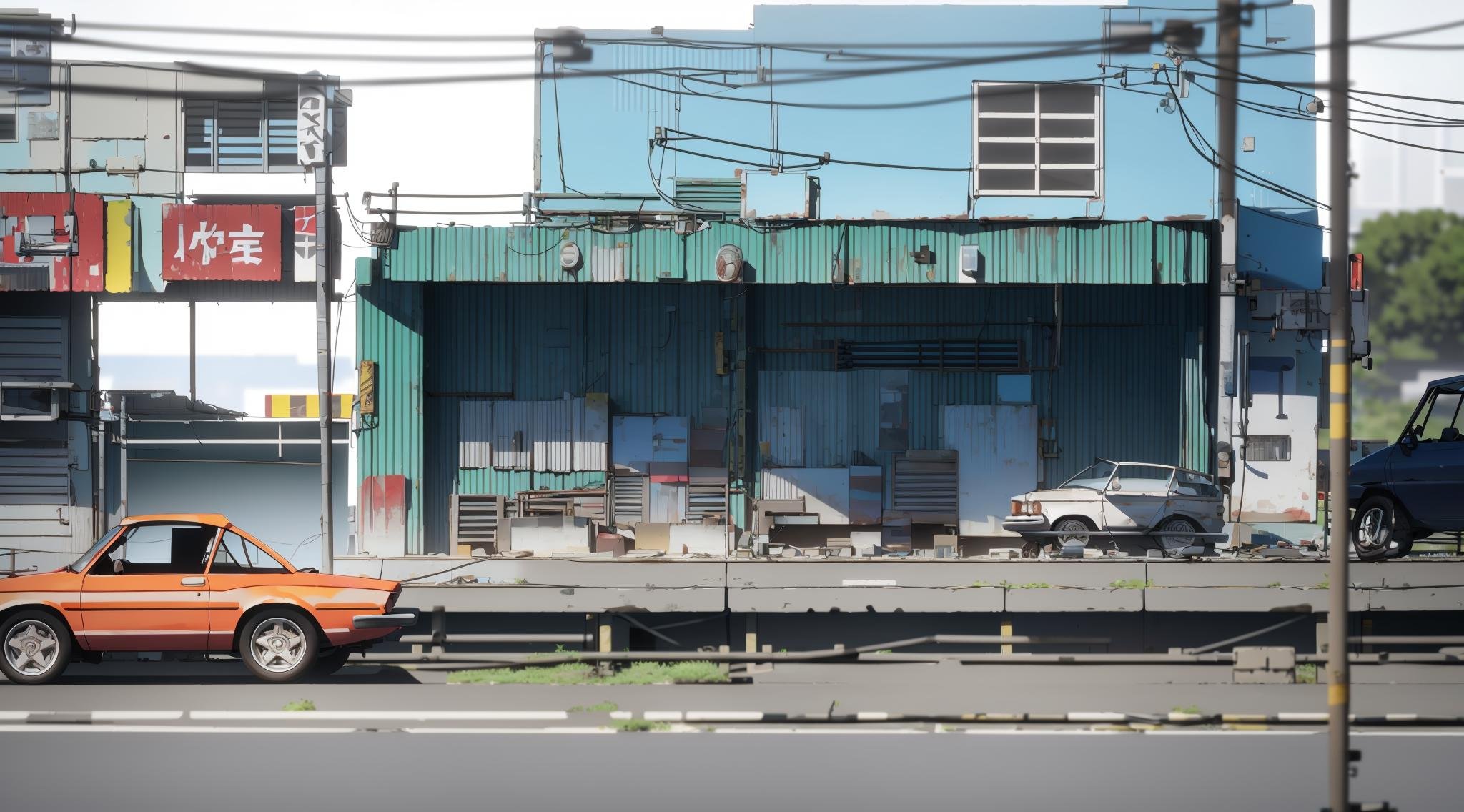 Concept art, horizontal scenes, horizontal line composition, ground vehicle, scenery, motor vehicle, sign, outdoors, no humans, blurry, blurry foreground, car, depth of field, building<lora:hengban:0.8>,