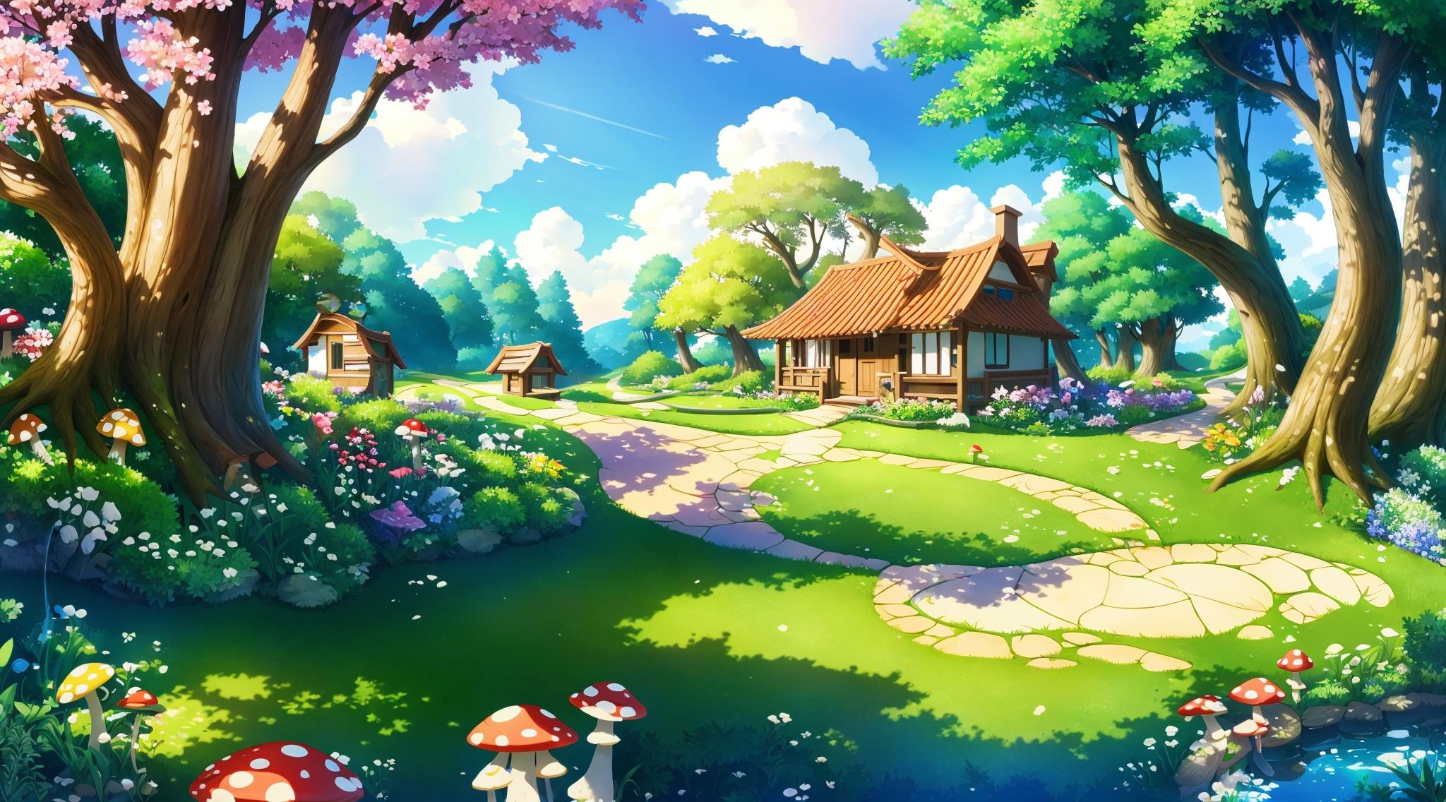 Concept art, horizontal scenes, horizontal line composition, tree, scenery, outdoors, house, grass, day, flower, nature, fantasy, sky, water, mushroom, forest, cloud, road<lora:hengban:0.8>,