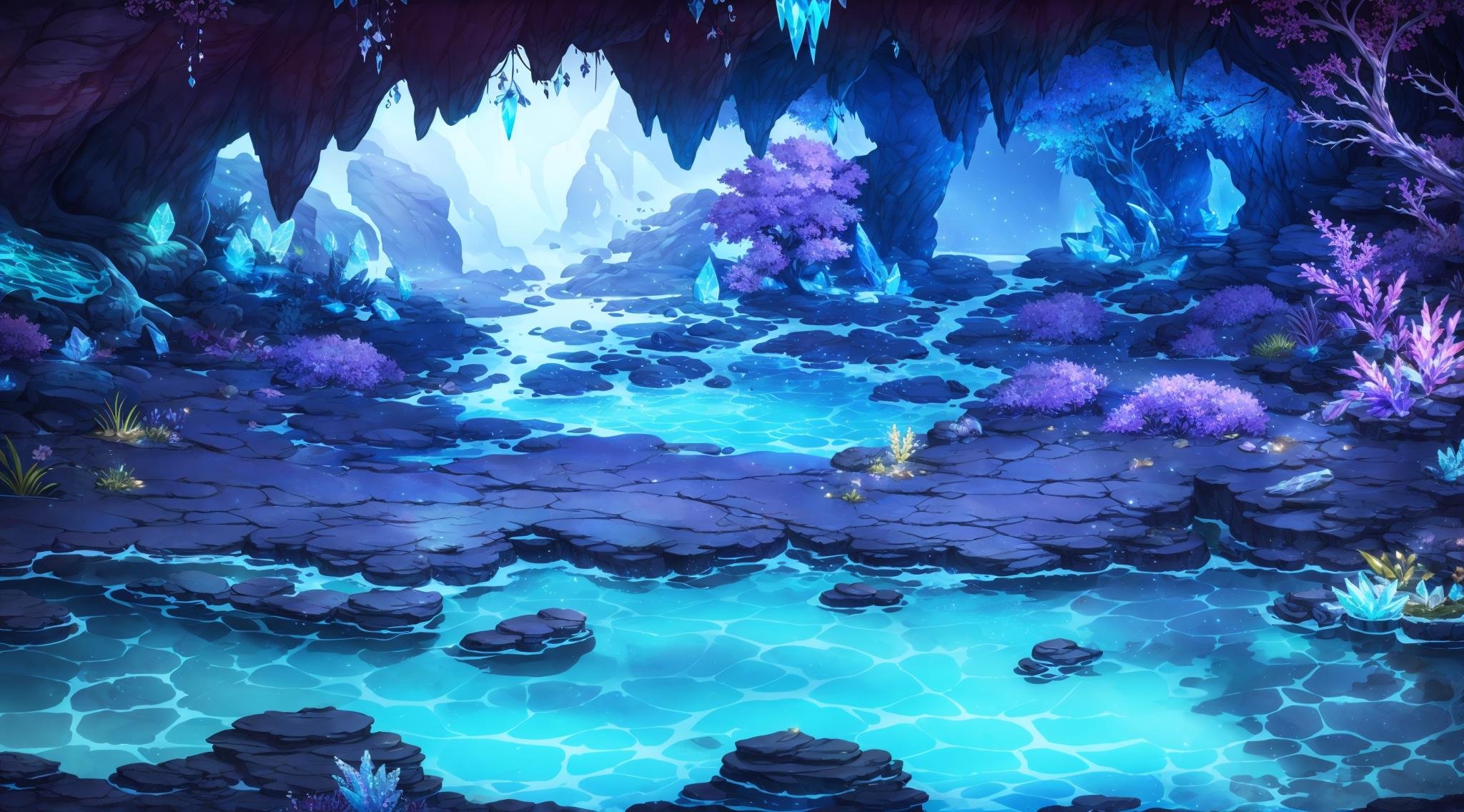 Concept art, horizontal scenes, horizontal line composition, no humans, scenery, outdoors, water, tree, crystal, night, cave, rock,<lora:hengban:0.8>,