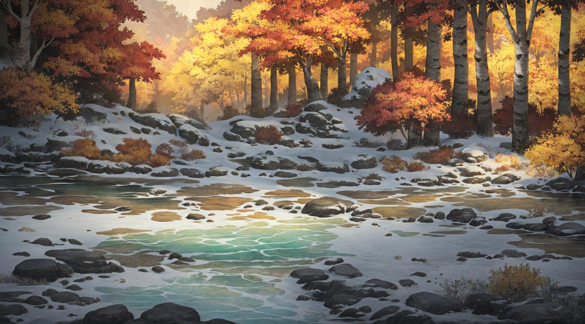 Concept art, horizontal scenes, horizontal line composition, scenery, no humans, tree, nature, outdoors, forest, water, rock, leaf, autumn leaves<lora:hengban:0.8>,