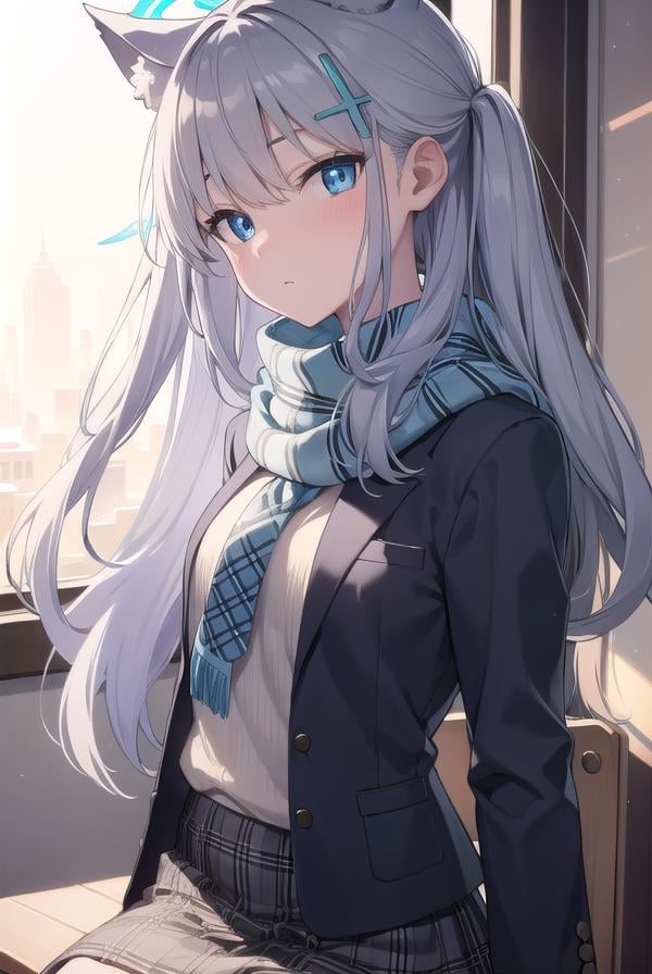 bluearchiveshiroko, <lyco:shiroko-lyco-nochekaiser:1>, shiroko, animal ears, blue eyes, grey hair, hair ornament, hairpin, halo, medium hair, wolf ears,BREAK checkered clothes, checkered skirt, school uniform, skirt, scarf,BREAK looking at viewer, BREAK indoors, classroom,BREAK <lyco:GoodHands-beta2:1>, (masterpiece:1.2), best quality, high resolution, unity 8k wallpaper, (illustration:0.8), (beautiful detailed eyes:1.6), extremely detailed face, perfect lighting, extremely detailed CG, (perfect hands, perfect anatomy),