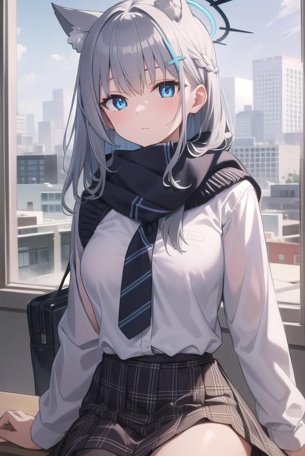 bluearchiveshiroko, <lyco:shiroko-lyco-nochekaiser:1>, shiroko, animal ears, blue eyes, grey hair, hair ornament, hairpin, halo, medium hair, wolf ears,BREAK checkered clothes, checkered skirt, school uniform, skirt, scarf,BREAK looking at viewer, BREAK indoors, classroom,BREAK <lyco:GoodHands-beta2:1>, (masterpiece:1.2), best quality, high resolution, unity 8k wallpaper, (illustration:0.8), (beautiful detailed eyes:1.6), extremely detailed face, perfect lighting, extremely detailed CG, (perfect hands, perfect anatomy),