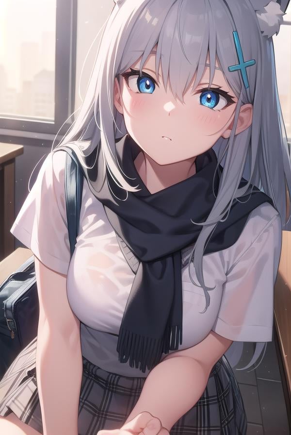 bluearchiveshiroko, <lyco:shiroko-lyco-nochekaiser:1>, shiroko, animal ears, blue eyes, grey hair, hair ornament, hairpin, halo, medium hair, wolf ears,BREAK checkered clothes, checkered skirt, school uniform, skirt, scarf,BREAK looking at viewer, BREAK indoors, classroom,BREAK <lyco:GoodHands-beta2:1>, (masterpiece:1.2), best quality, high resolution, unity 8k wallpaper, (illustration:0.8), (beautiful detailed eyes:1.6), extremely detailed face, perfect lighting, extremely detailed CG, (perfect hands, perfect anatomy),