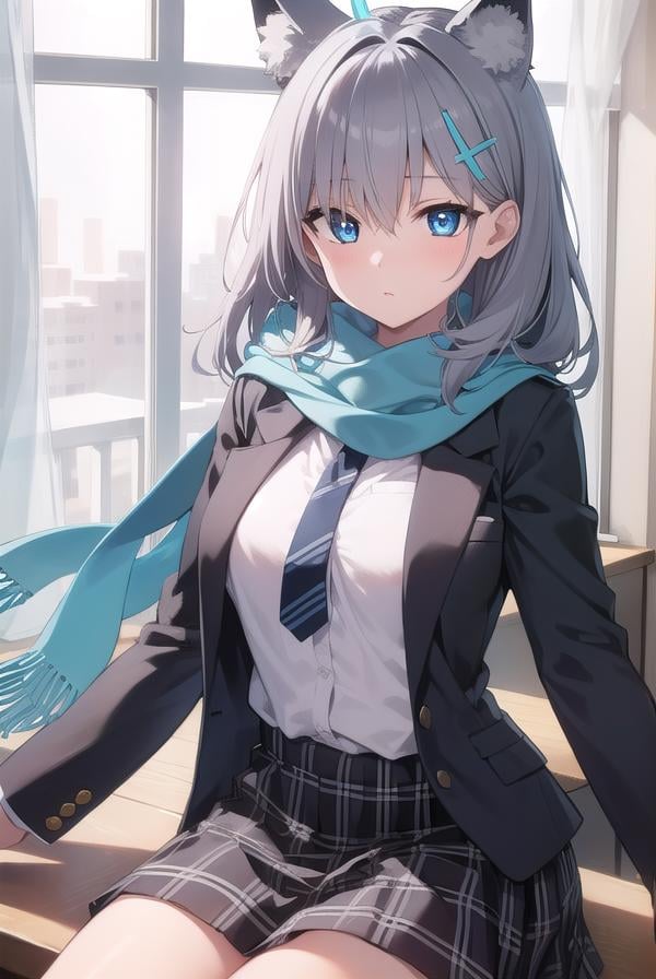 bluearchiveshiroko, <lyco:shiroko-lyco-nochekaiser:1>, shiroko, animal ears, blue eyes, grey hair, hair ornament, hairpin, halo, medium hair, wolf ears,BREAK checkered clothes, checkered skirt, school uniform, skirt, scarf,BREAK looking at viewer, BREAK indoors, classroom,BREAK <lyco:GoodHands-beta2:1>, (masterpiece:1.2), best quality, high resolution, unity 8k wallpaper, (illustration:0.8), (beautiful detailed eyes:1.6), extremely detailed face, perfect lighting, extremely detailed CG, (perfect hands, perfect anatomy),