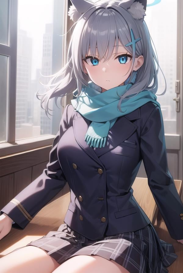 bluearchiveshiroko, <lyco:shiroko-lyco-nochekaiser:1>, shiroko, animal ears, blue eyes, grey hair, hair ornament, hairpin, halo, medium hair, wolf ears,BREAK checkered clothes, checkered skirt, school uniform, skirt, scarf,BREAK looking at viewer, BREAK indoors, classroom,BREAK <lyco:GoodHands-beta2:1>, (masterpiece:1.2), best quality, high resolution, unity 8k wallpaper, (illustration:0.8), (beautiful detailed eyes:1.6), extremely detailed face, perfect lighting, extremely detailed CG, (perfect hands, perfect anatomy),