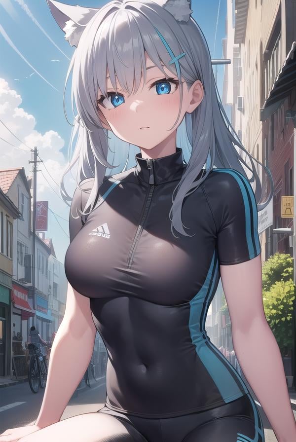 bluearchiveshiroko, <lyco:shiroko-lyco-nochekaiser:1>, shiroko, animal ears, blue eyes, grey hair, hair ornament, hairpin, halo, medium hair, wolf ears,BREAK bike jersey, bike shorts, cycling uniform, official alternate costume, short sleeves, sneakers, socks, white socks,BREAK looking at viewer, BREAK outdoors, road,BREAK <lyco:GoodHands-beta2:1>, (masterpiece:1.2), best quality, high resolution, unity 8k wallpaper, (illustration:0.8), (beautiful detailed eyes:1.6), extremely detailed face, perfect lighting, extremely detailed CG, (perfect hands, perfect anatomy),