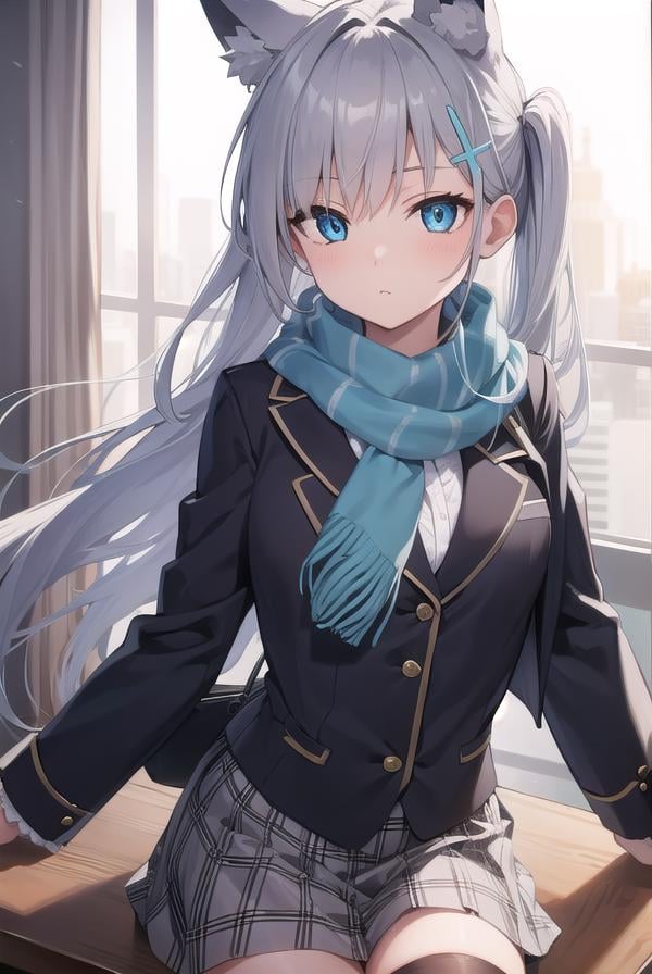 bluearchiveshiroko, <lyco:shiroko-lyco-nochekaiser:1>, shiroko, animal ears, blue eyes, grey hair, hair ornament, hairpin, halo, medium hair, wolf ears,BREAK checkered clothes, checkered skirt, school uniform, skirt, scarf,BREAK looking at viewer, BREAK indoors, classroom,BREAK <lyco:GoodHands-beta2:1>, (masterpiece:1.2), best quality, high resolution, unity 8k wallpaper, (illustration:0.8), (beautiful detailed eyes:1.6), extremely detailed face, perfect lighting, extremely detailed CG, (perfect hands, perfect anatomy),