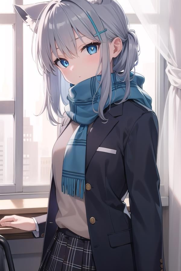 bluearchiveshiroko, <lyco:shiroko-lyco-nochekaiser:1>, shiroko, animal ears, blue eyes, grey hair, hair ornament, hairpin, halo, medium hair, wolf ears,BREAK checkered clothes, checkered skirt, school uniform, skirt, scarf,BREAK looking at viewer, BREAK indoors, classroom,BREAK <lyco:GoodHands-beta2:1>, (masterpiece:1.2), best quality, high resolution, unity 8k wallpaper, (illustration:0.8), (beautiful detailed eyes:1.6), extremely detailed face, perfect lighting, extremely detailed CG, (perfect hands, perfect anatomy),