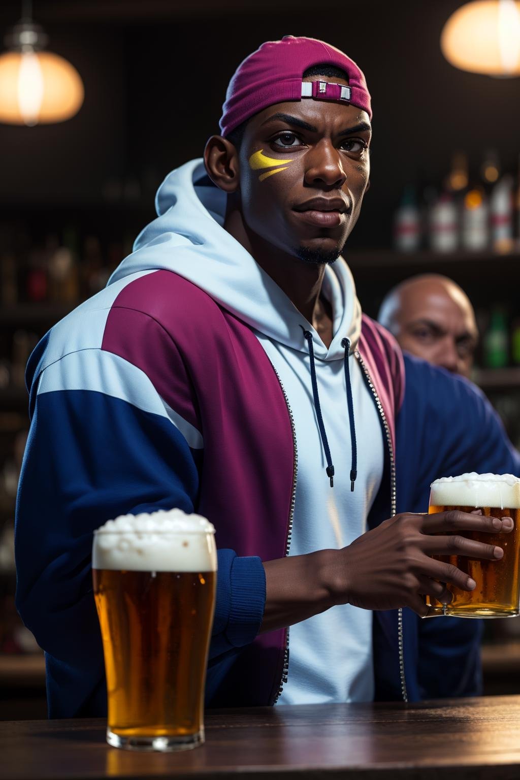 (masterpiece,  best quality:1.2),  solo,  LuckyGlauber,  1guy,  backward hat,  jacket,  hoodie,  shirt,  medium shot,  at the pub,  holding beer pint,  smirk:1.4,  yellow facepaint,  masterpiece,  perfect face,  perfect picture,  detailed eyes,  sharp focus, High detailed view, dark skin, High detailed,<lora:EMS-88300-EMS:1.000000>