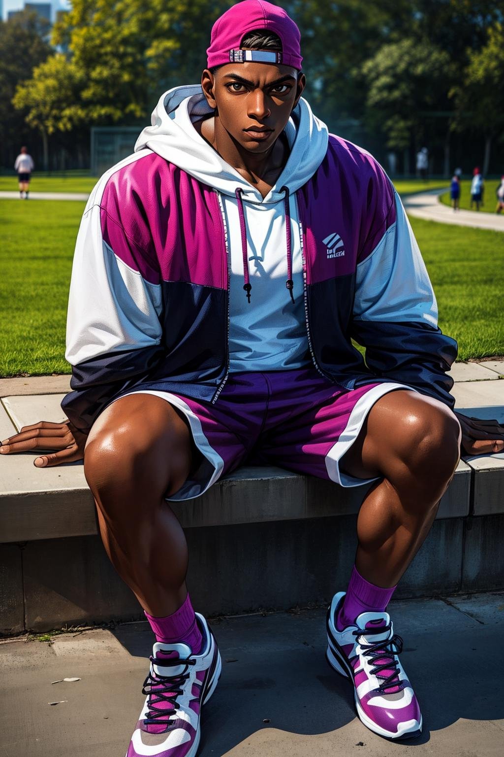 (masterpiece,  best quality:1.2),  solo,  LuckyGlauber,  1guy,  backward hat,  jacket,  hoodie,  shirt,  bermuda pants,  socks,  sneakers,  sitting,  at the central park,  masterpiece,  perfect face,  perfect picture,  detailed eyes,  sharp focus, High detailed view, dark skin, High detailed,<lora:EMS-88300-EMS:1.000000>