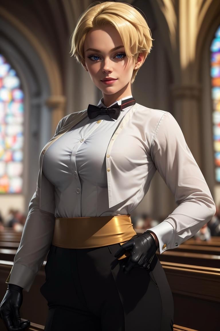 (masterpiece,  best quality:1.2),  KingKOF,  1girl,  bowtie,  blonde woman,  short hair,  waitress,  dark blazer,  dress shirt,  golden belt,  dark pants,  gloves,  at the church,  masterpiece,  highness,  perfect face,  perfect picture,  detailed eyes,  sharp focus, view from high,<lora:EMS-94932-EMS:1.000000>