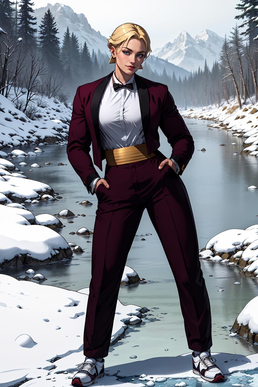 (masterpiece,  best quality:1.2),  solo, KingKOF,  ((1girl,  woman)),  earrings,  waitress clothes,  bowtie,  blazer,  dress shirt,  golden belt,  pants,  shoes,  full body,  crossed arms,  at mountain,  snow,  pinetress,  frozen river,  perfect face,  perfect picture,  detailed eyes,  sharp focus,<lora:EMS-94932-EMS:1.000000>