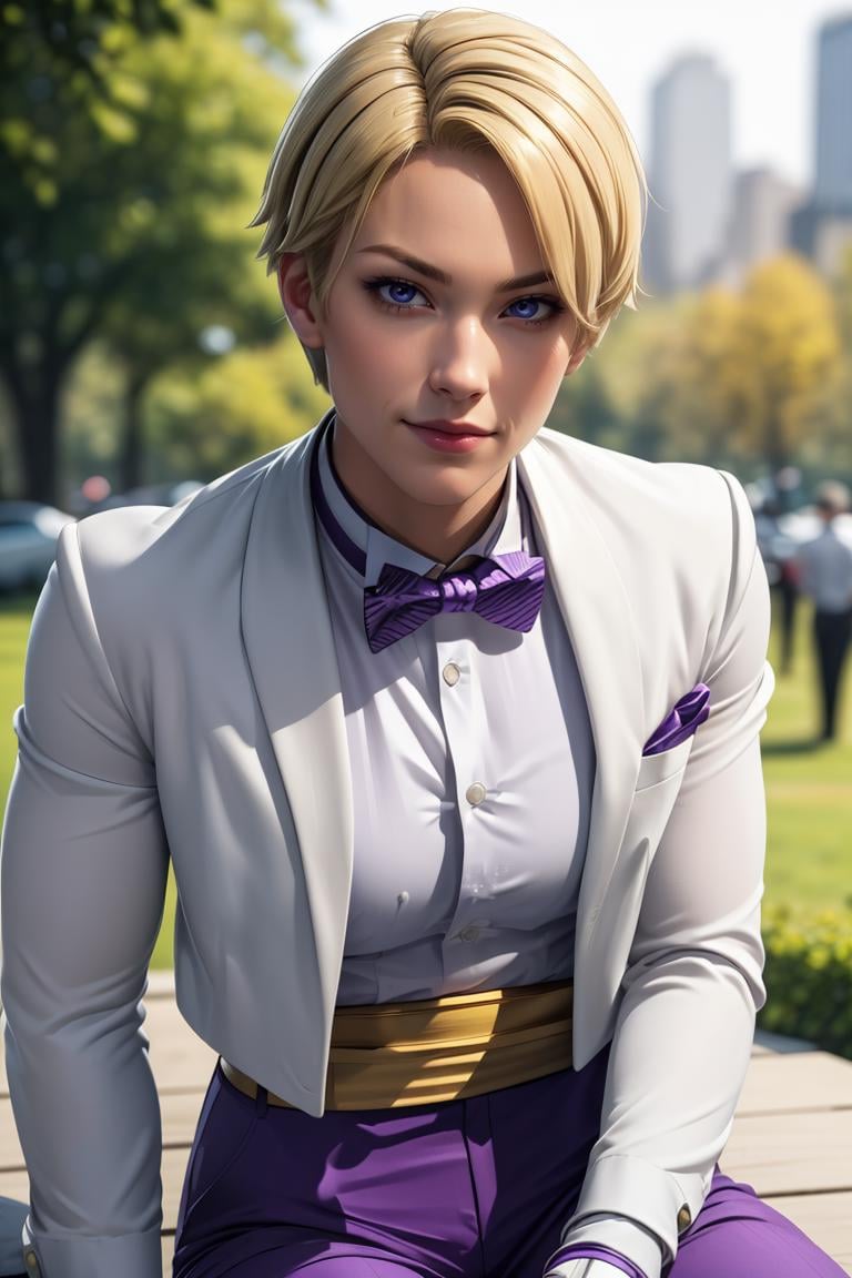 (masterpiece,  best quality:1.2),  KingKOF,  1girl,  bowtie,  blonde woman,  short hair,  waitress,  purple suit,  dress shirt,  golden belt,  pants,  gloves,  sitting at central park,  , masterpiece,  highness,  perfect face,  perfect picture,  detailed eyes,  sharp focus,<lora:EMS-94932-EMS:1.000000>