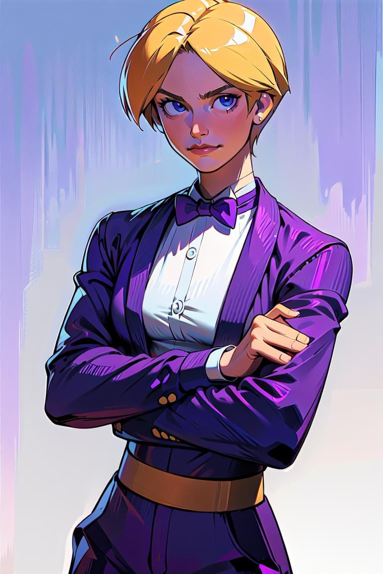 (masterpiece,  best quality:1.2),  KingKOF,  1girl,  bowtie,  purple suit,  dress shirt,  golden belt,  pants,  crossed arms,  , cowboy shot,  at the pub,  masterpiece,  highness,  perfect face,  perfect picture,  detailed eyes,  sharp focus, High detailed view, (best quality,<lora:EMS-94932-EMS:1.000000>